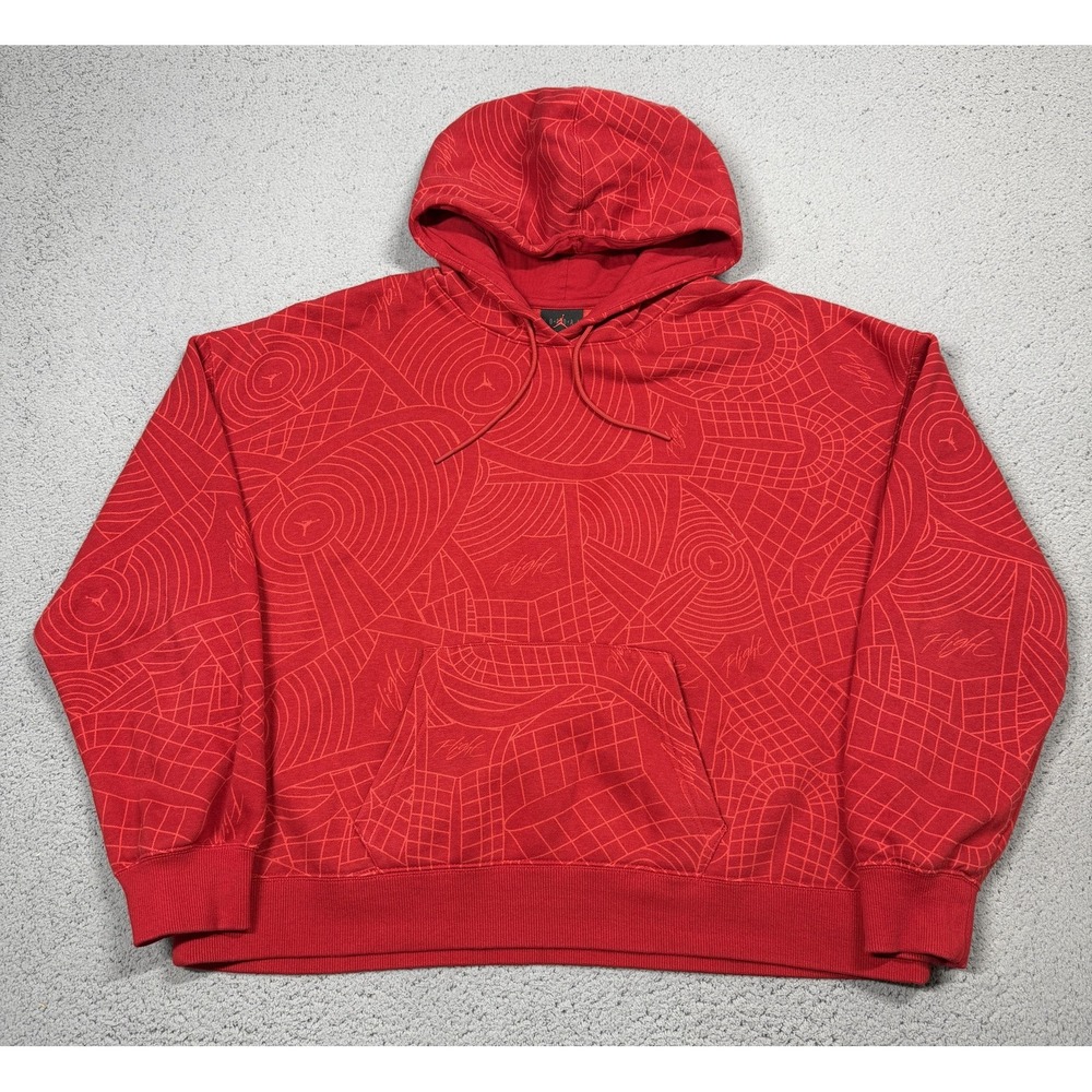 Jordan Hoodie Mens Large Loose Fit Red Fleece Pullover Flight Graphic All Over